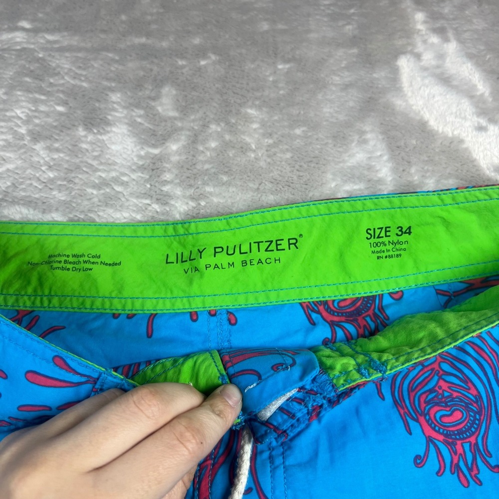 Lilly Pulitzer Men's 34 Board Shorts Blue Pink Peacock Feather Swim Trunks - Picture 5 of 5